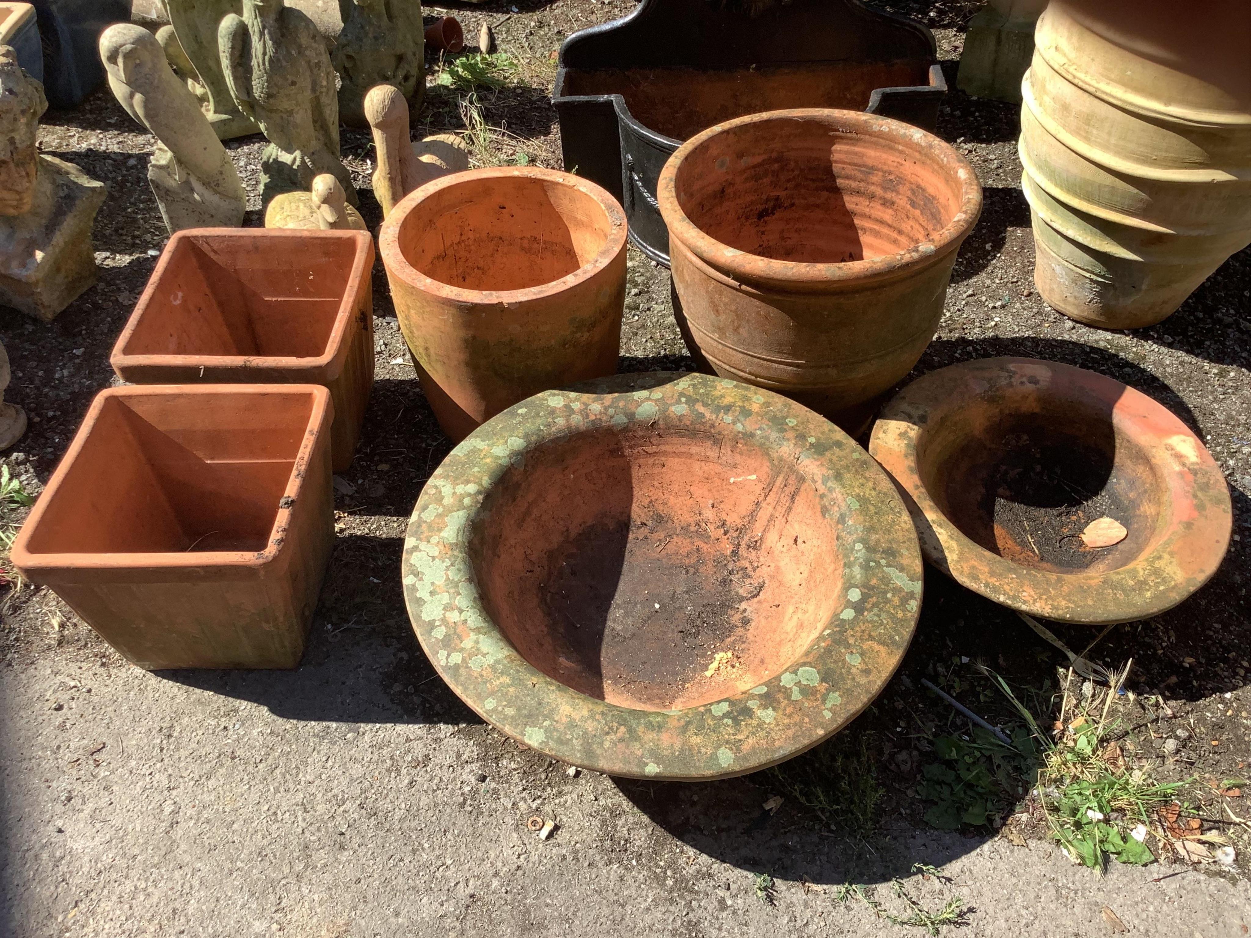 Six terracotta garden planters, largest height 40cm. Condition - fair